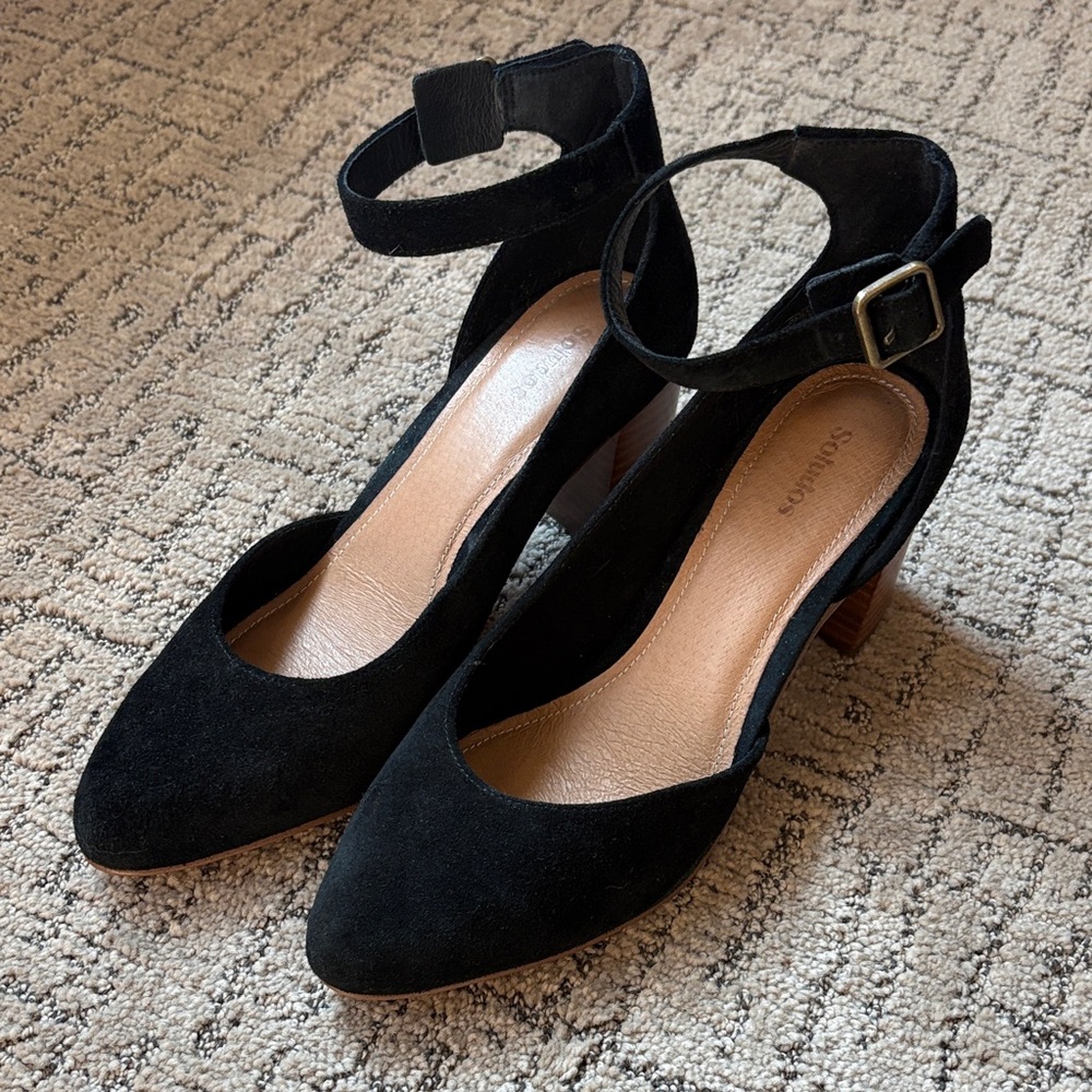 Soludos Gemma Black Suede Ankle Strap Heels